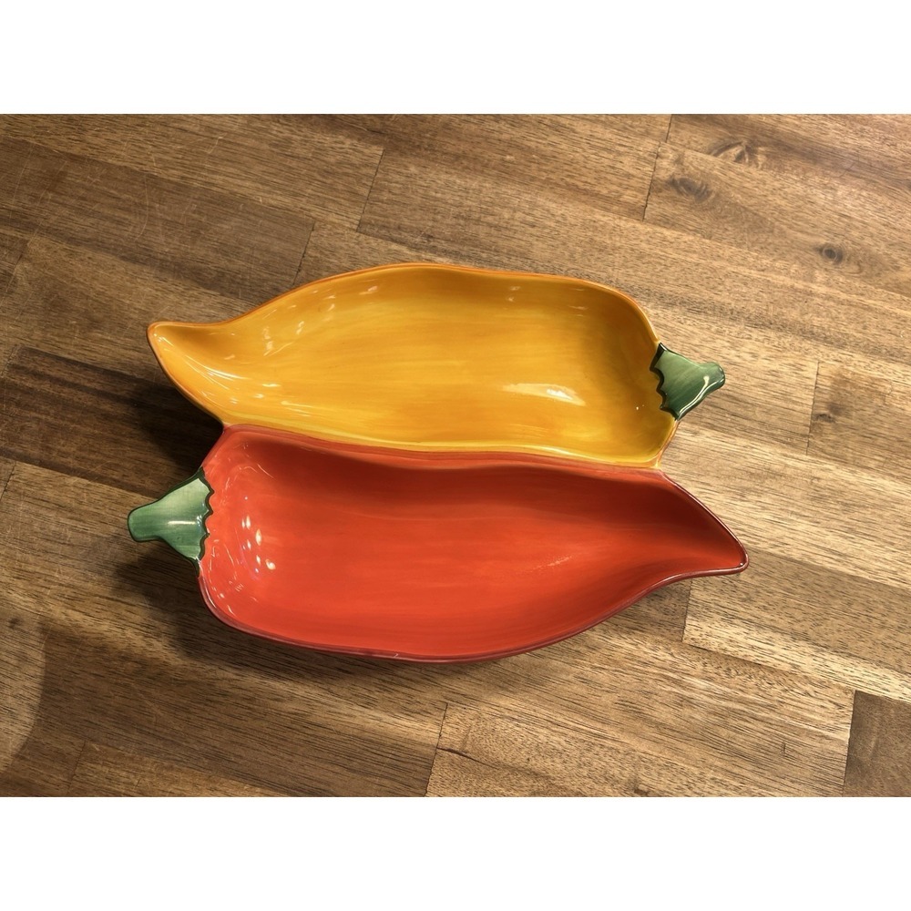 C.A. Clay Art Chili Peppers '96 Stamp Salsa Dish Red & Yellow Hot Pepper Vintage